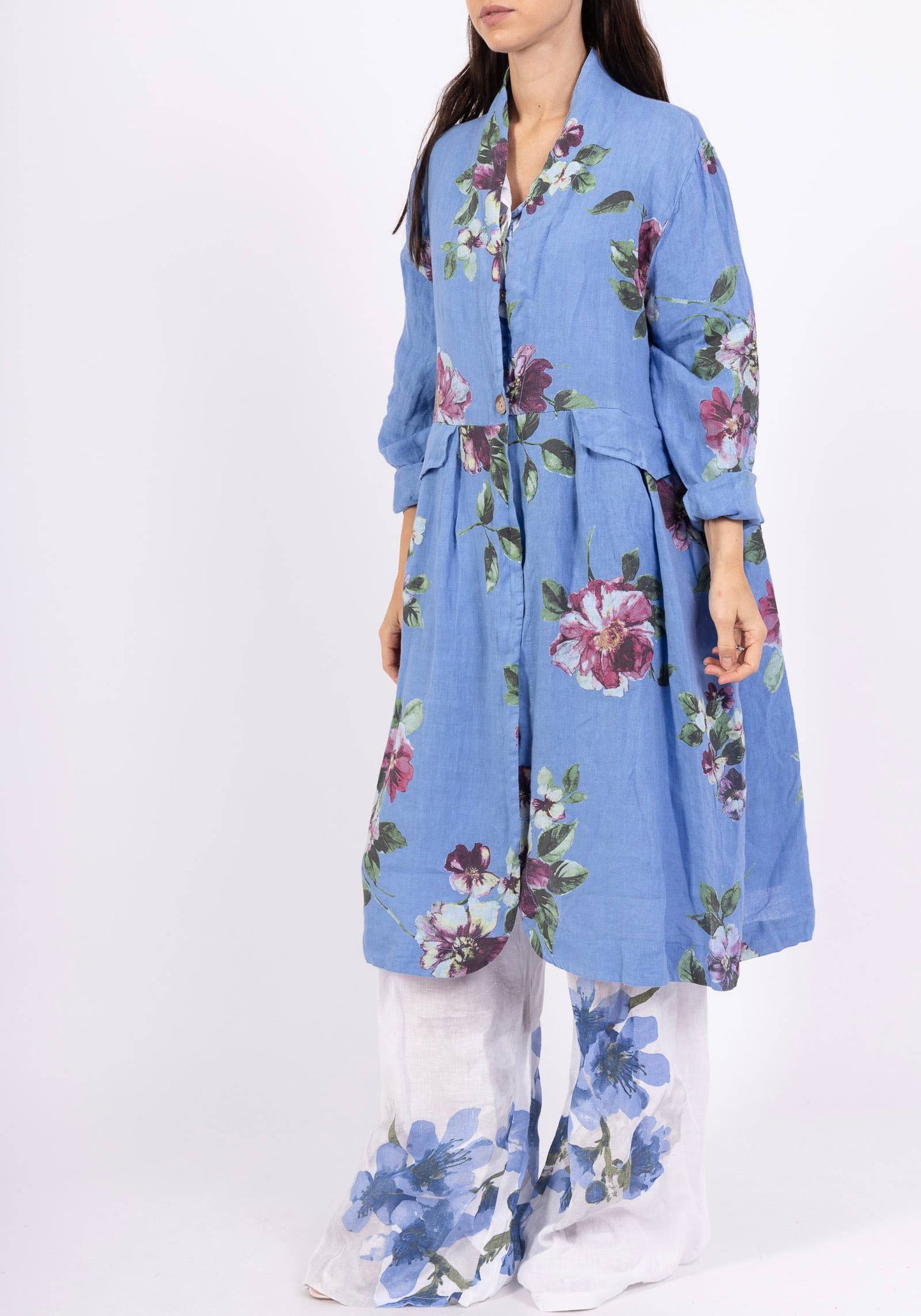 JACKET 1142 FLOWERS LINEN MATERIAL WITH POCKETS: Beige