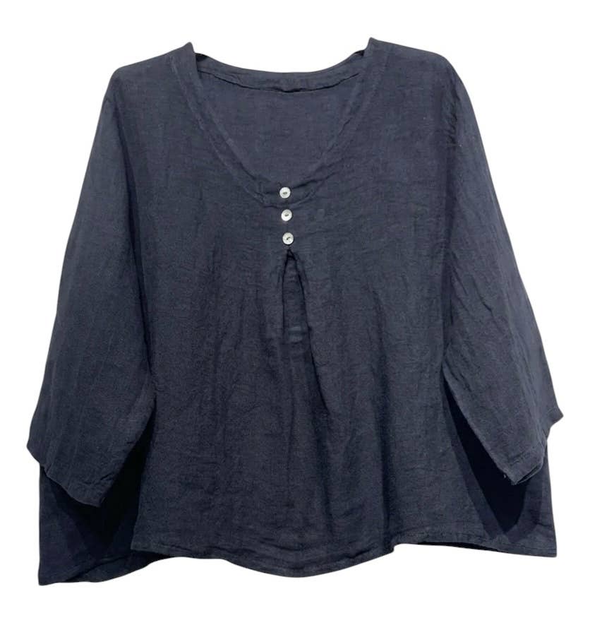 Loose Linen Blouse with Buttoned Neckline: Navy