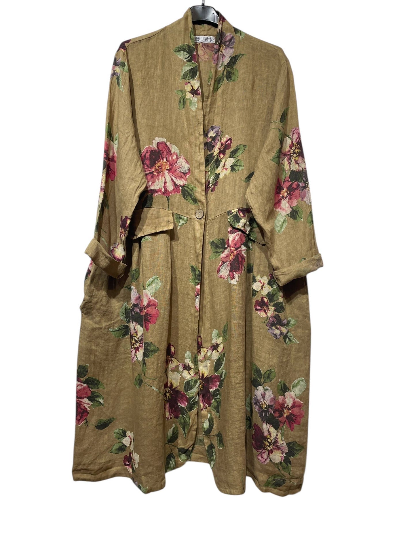 JACKET 1142 FLOWERS LINEN MATERIAL WITH POCKETS: Beige