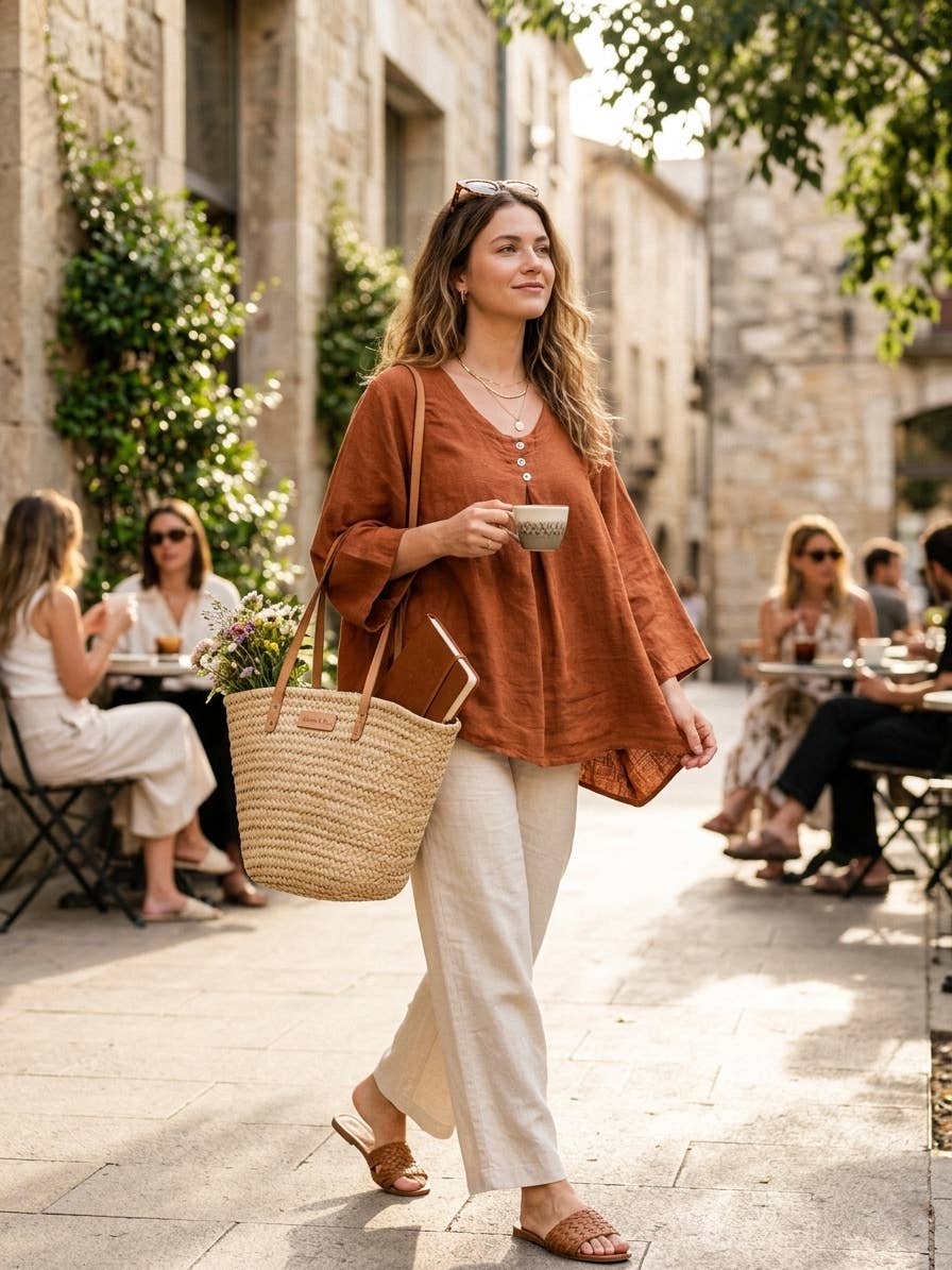 Loose Linen Blouse with Buttoned Neckline: ROUILLE