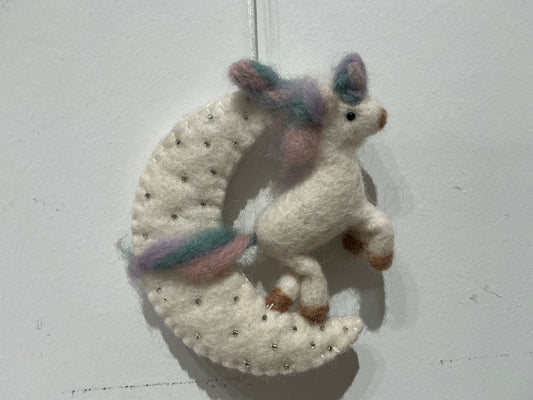 Unicorn on moon with sparkle beads, hand felted wool 242