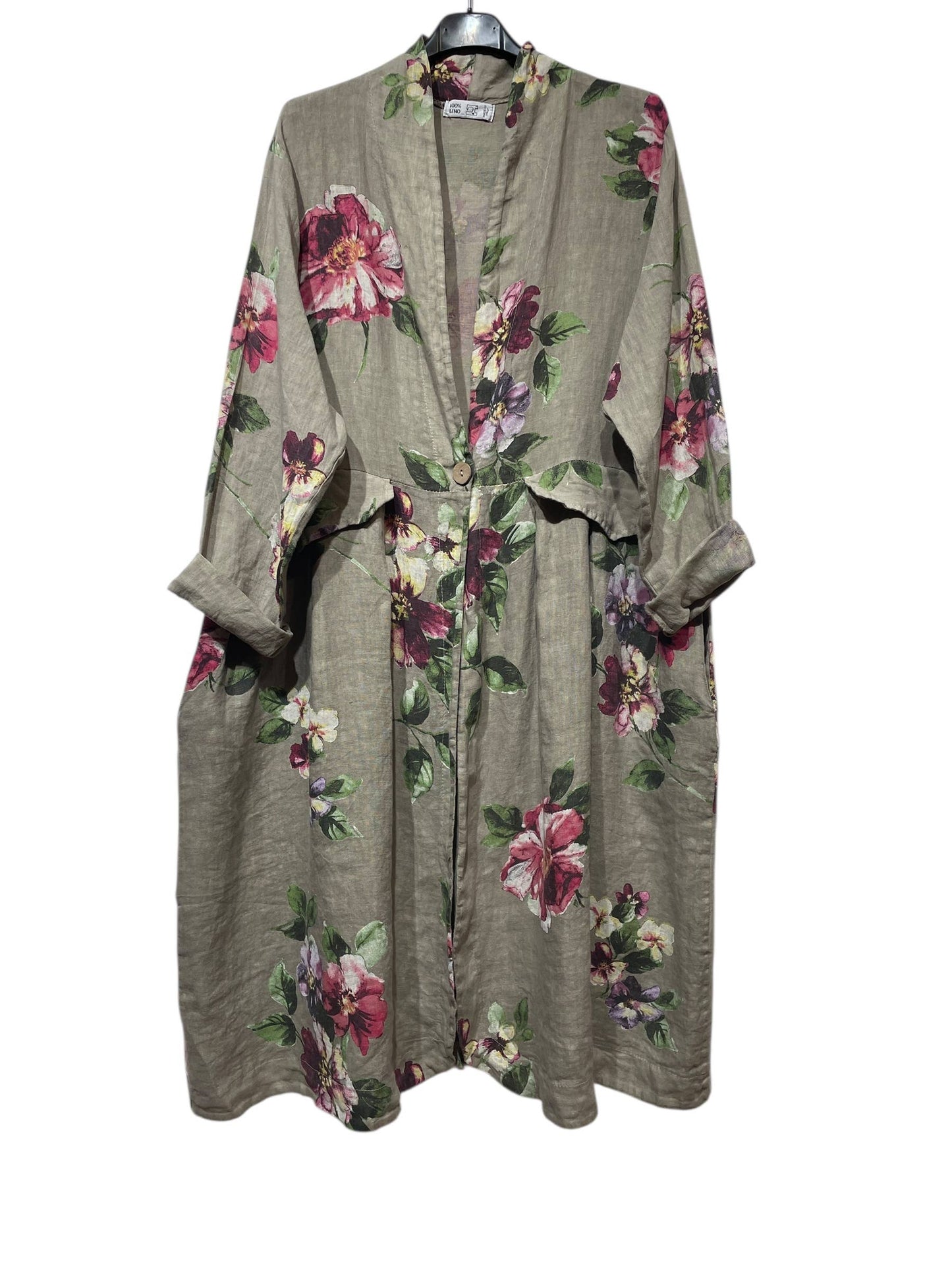 JACKET 1142 FLOWERS LINEN MATERIAL WITH POCKETS: Beige