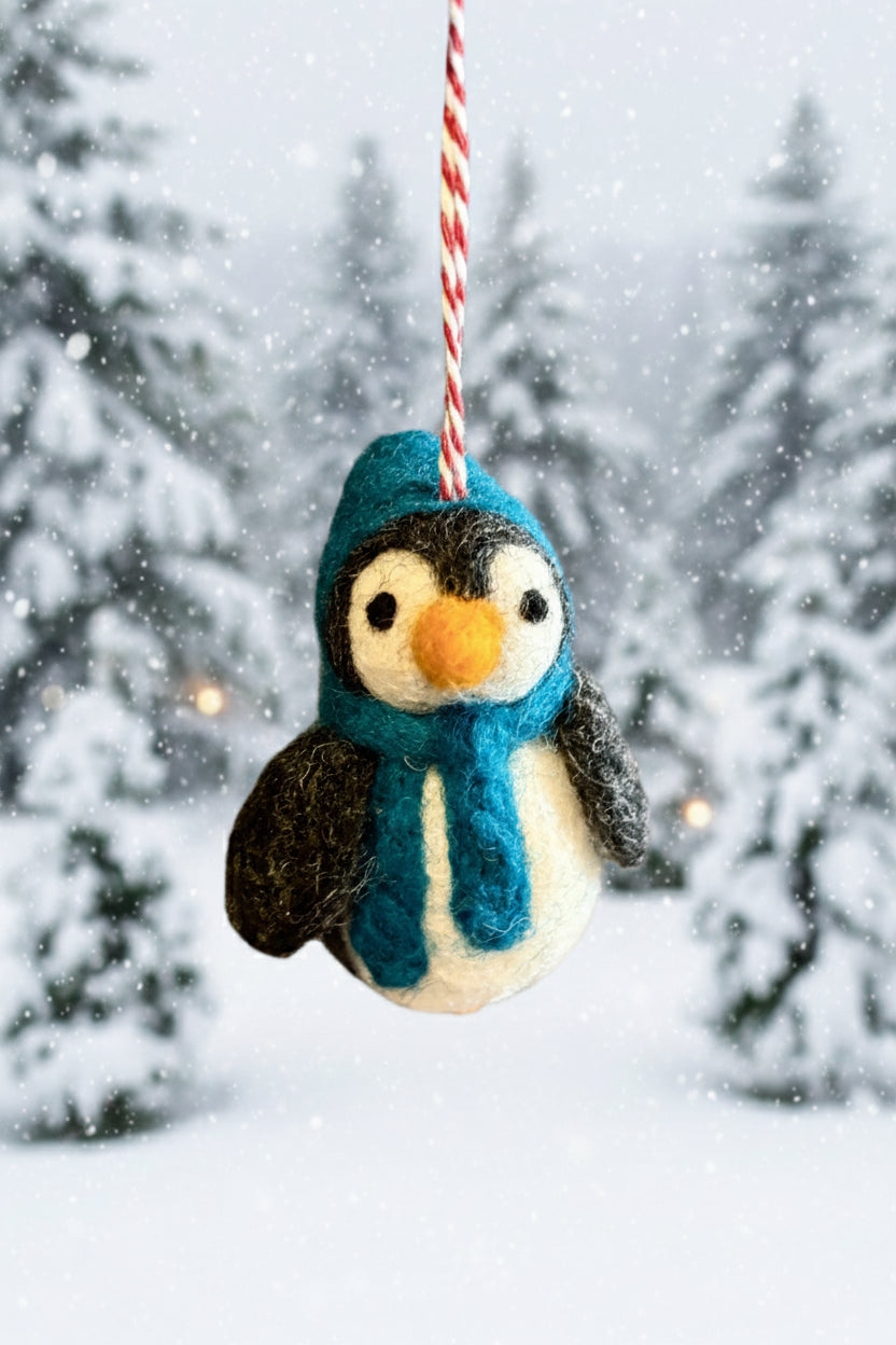 Mini Penguin Ornament With Knitted Hat and Scarf