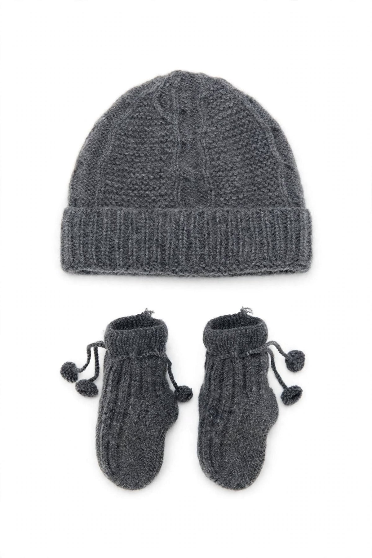 Cap and Bootie Baby Set. 100% Knitted Cashmere - CHARCOAL