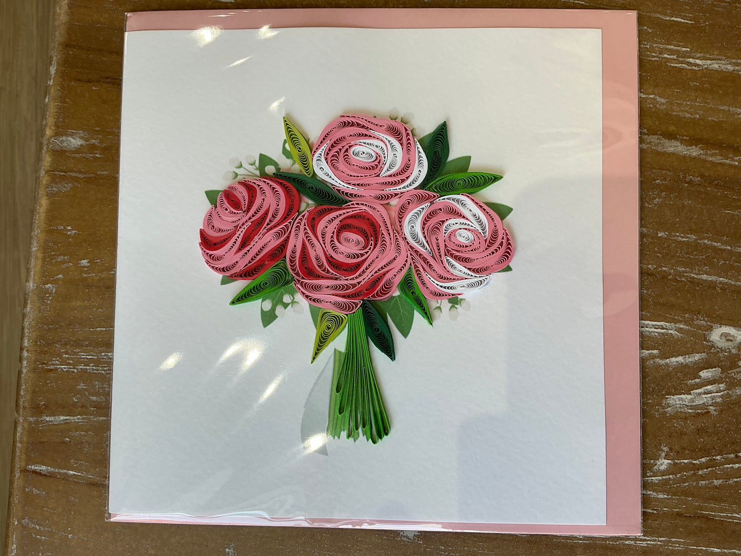 Pink rose floral hand made quilling card