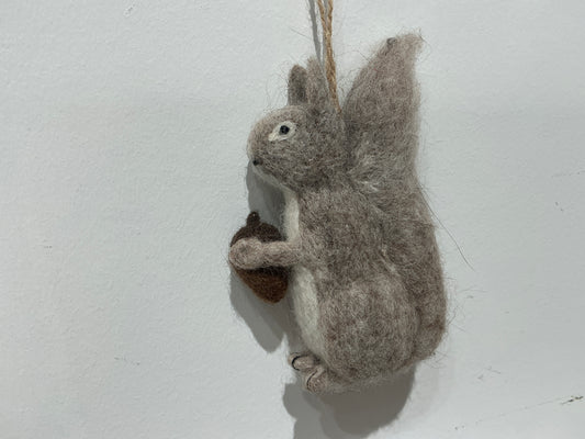 Fluffy grey squirrel with acorn, hand felted wool 224