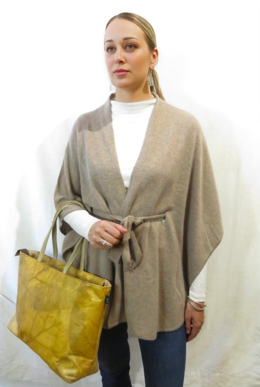 Pure Cashmere Belted Dark Beige Poncho - Wrap