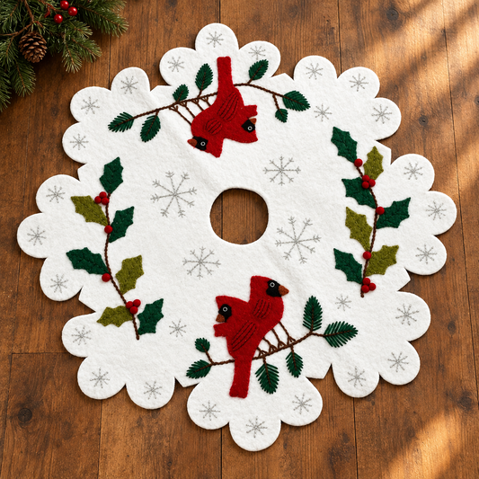 Medium-Small Wool Embroidered Cardinal Tree Skirt