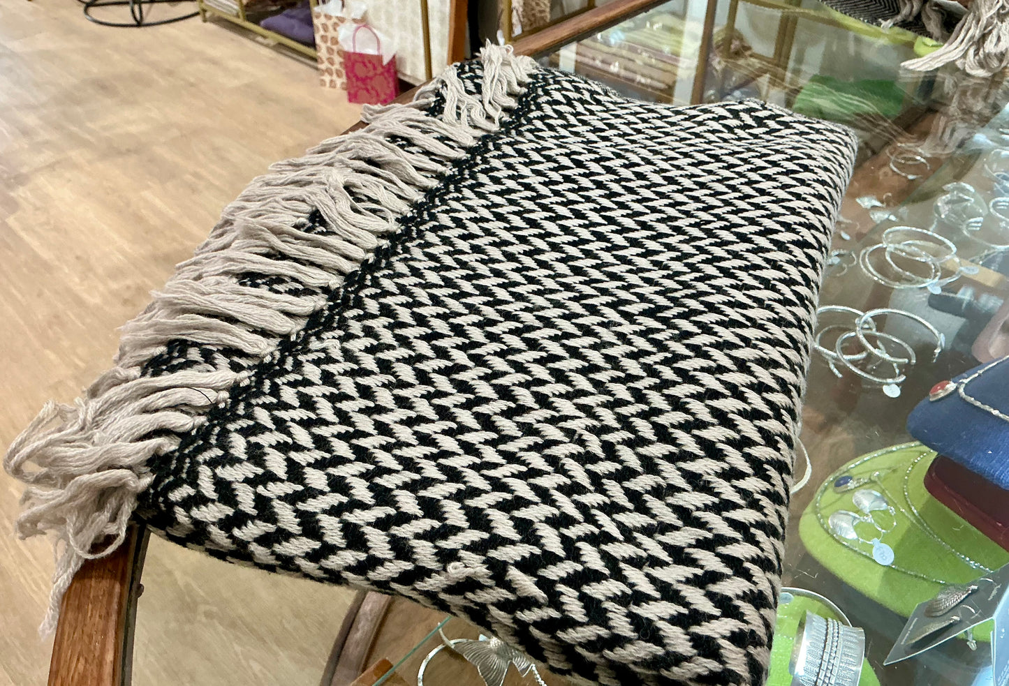 Cashmere Throw Blanket - Taupe and Black Loose Weave