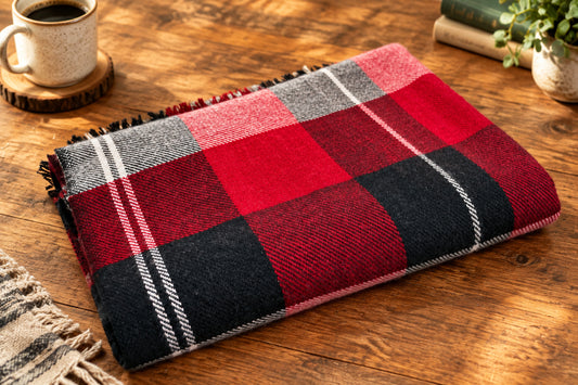 Pure Cashmere Red and Black Tartan Shawl
