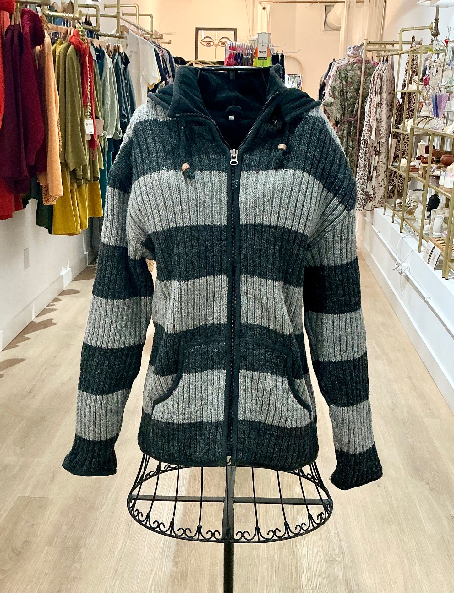 Knitted Fleece Lined Jacket (Unisex) Grey and Charcoal Stripe