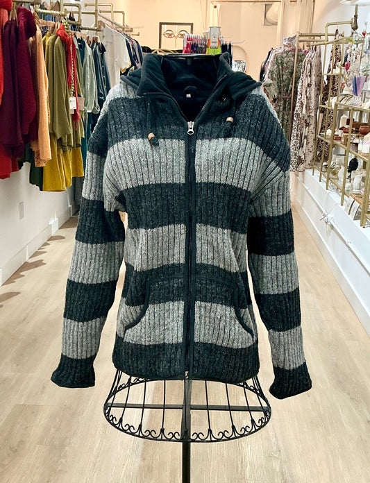Knitted Fleece Lined Jacket (Unisex) Grey and Charcoal Stripe