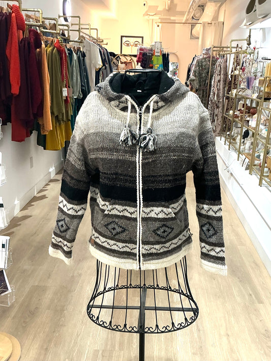 Knitted Fleece Lined Jacket Unisex Charcoal and White