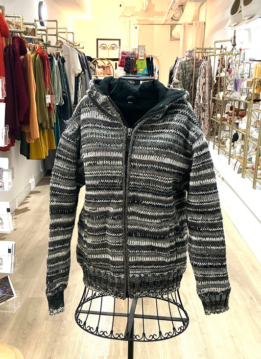 Knitted Fleece Lined Jacket (Unisex) Grey tone stripe