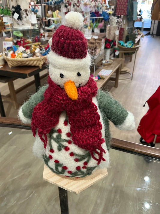 Burgundy Scarf and Hat Snowman Wool Decor