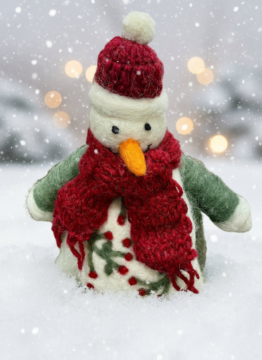 Burgundy Scarf and Hat Snowman Wool Decor