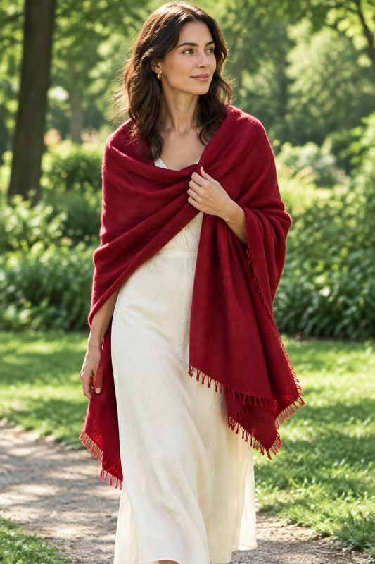 100% Cashmere Red Felted Shawl - Red