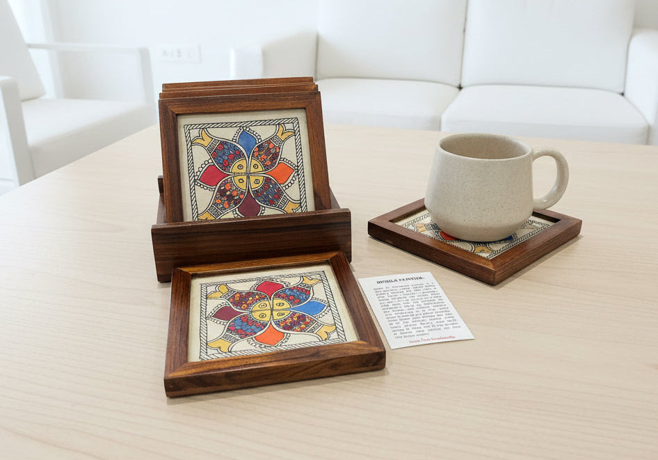 Hand Painted Mithila Wood Coaster Set