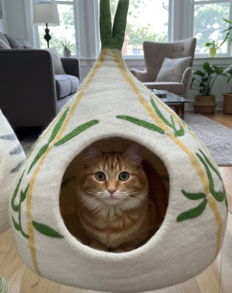 Pet Cave Beds - 100% Pure Wool  (Yellow and Green Vines)