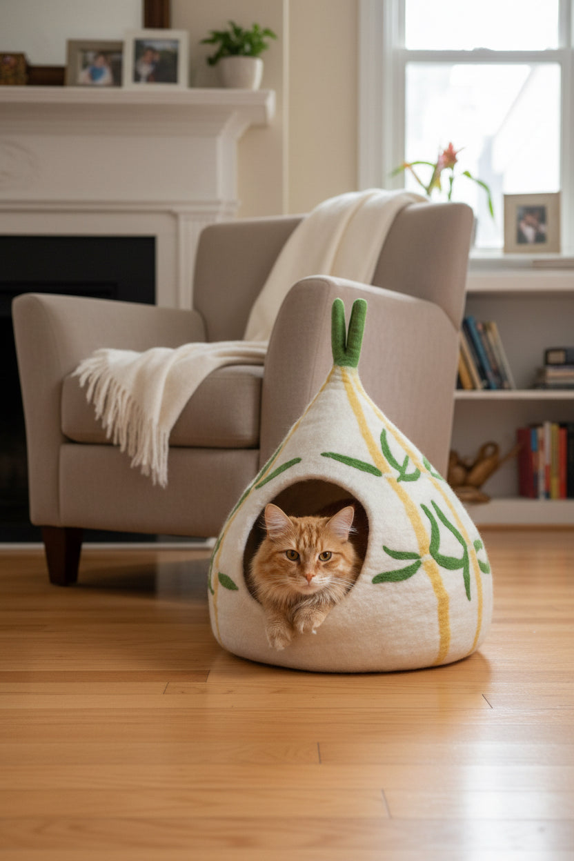 Pet Cave Beds - 100% Pure Wool  (Yellow and Green Vines)
