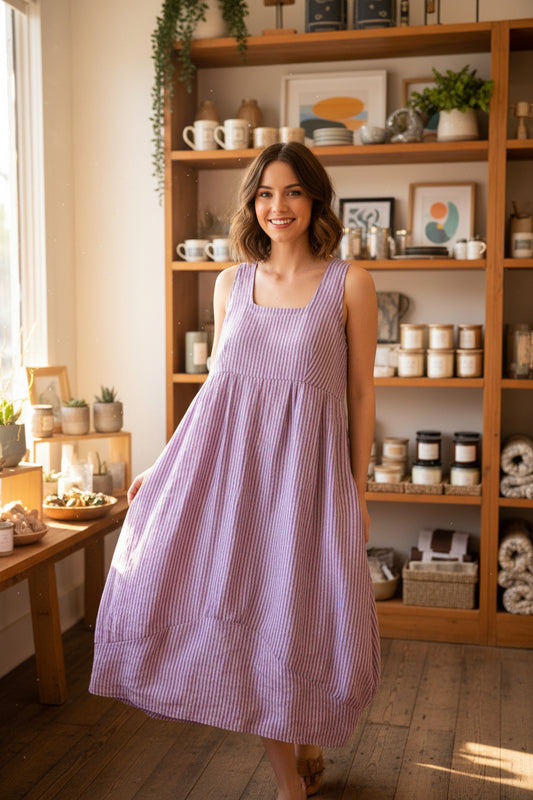 Linen Dress with Vertical Stripes: Lilac