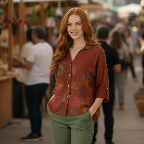 Floral Print Blouse 100% Linen: Rust