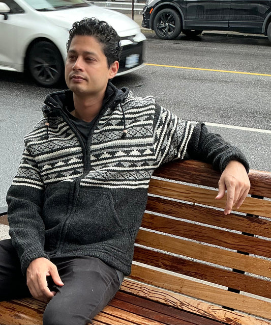 Black-White-Grey Medium Wool Knitted Jacket - Fleece Lined