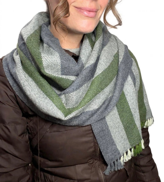 100% Cashmere Green and Grey Muffler Scarf