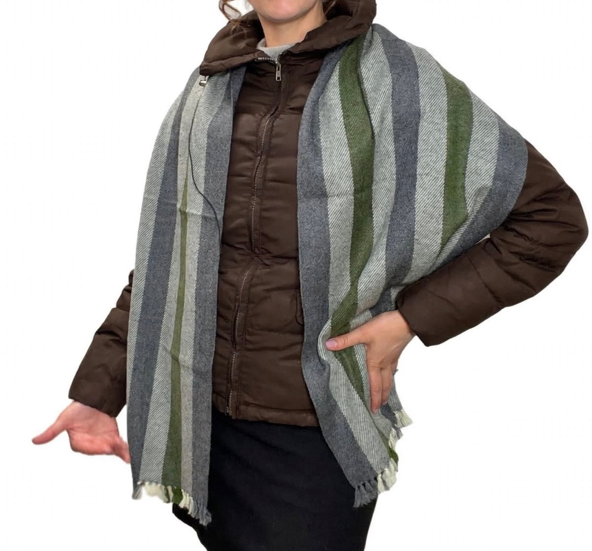 100% Cashmere Green and Grey Muffler Scarf