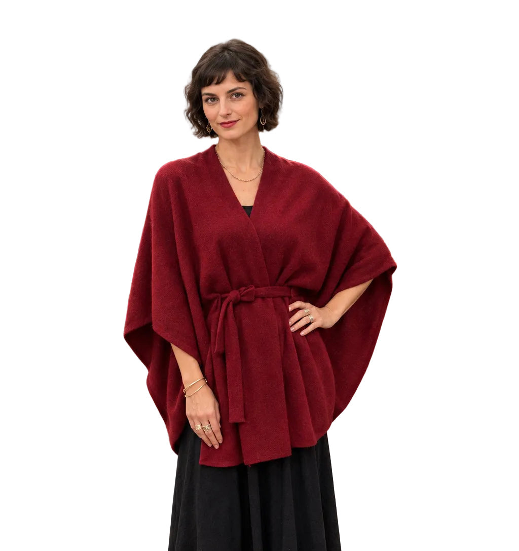 Pure Cashmere Belted RED WINE Poncho Boutique 2026