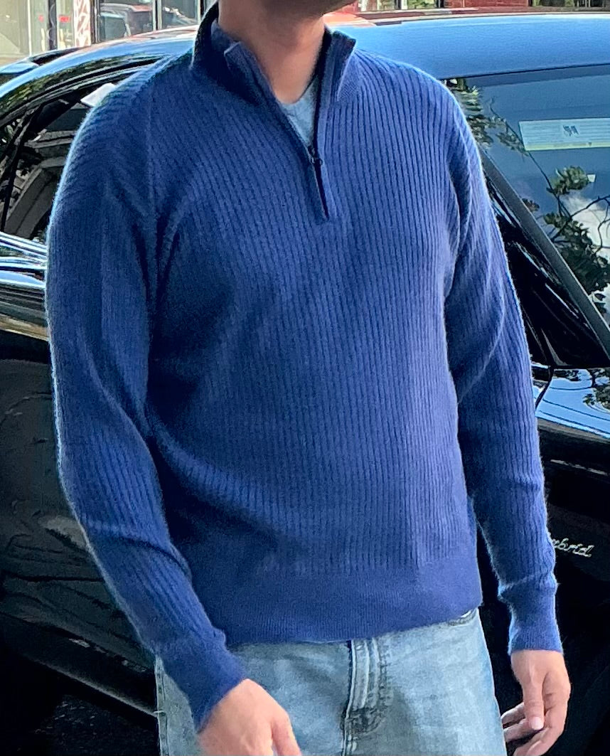 Pure Cashmere Blue Lapis Half Zip Cable Sweater XL Ribbed