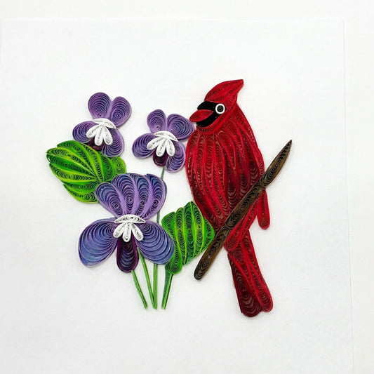 Card - Red Cardinal with purple iris