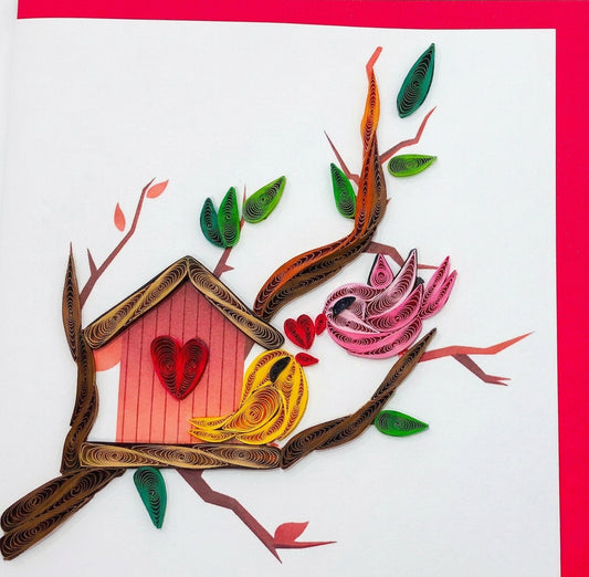 Card - Bird house with birds and hearts