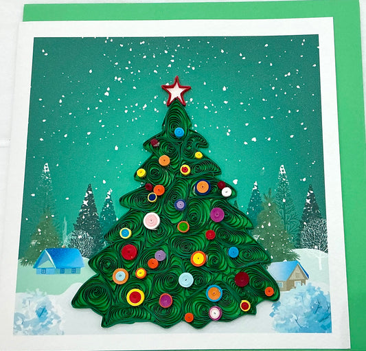 Card - Christmas tree with coloured decortions in winter