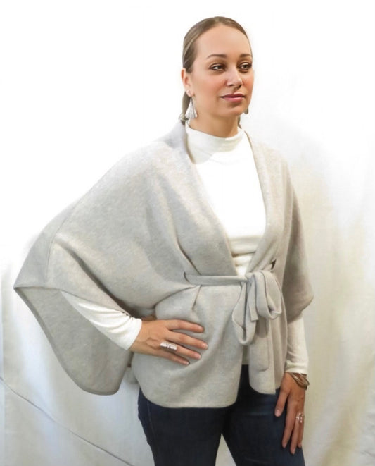 Pure Cashmere Belted Light Grey Poncho - Wrap