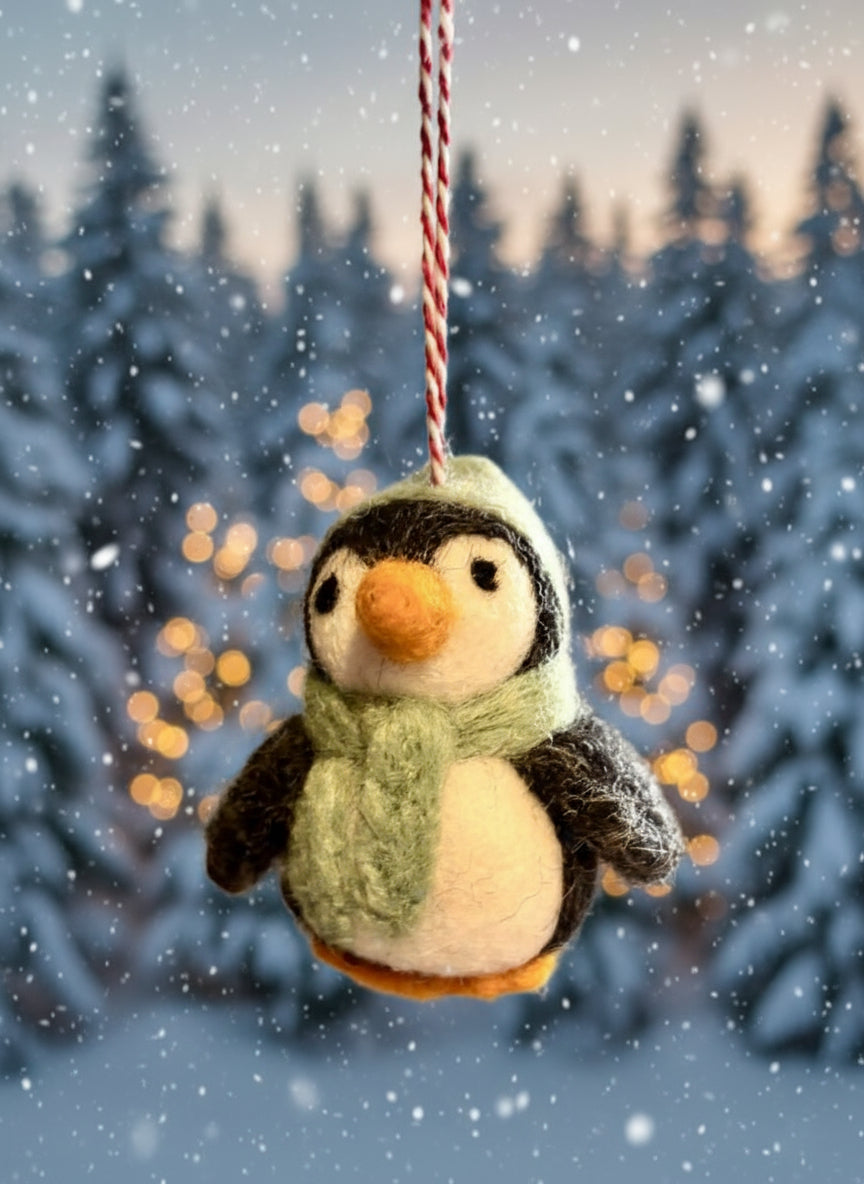 Mini Penguin Ornament With Knitted Hat and Scarf