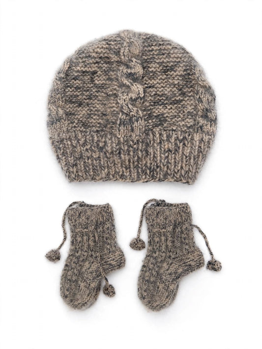 Cap and Bootie Baby Set. 100% Knitted Cashmere - MIXED NATURAL TAUPE (NO DYES)