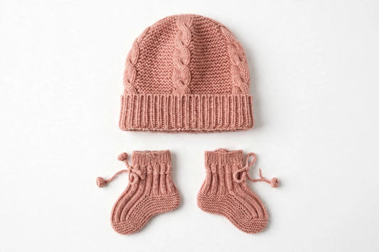 Cap and Bootie Baby Set. 100% Knitted Cashmere - Pink
