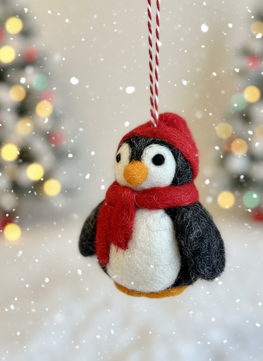 Mini Penguin Ornament With Knitted Hat and Scarf