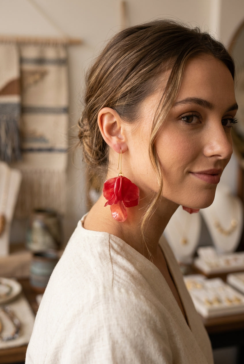 Red fish scale earrings