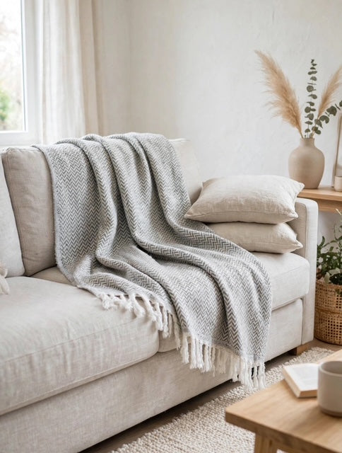 New! Medium Grey Zig Zag Wool-Cashmere Blanket
