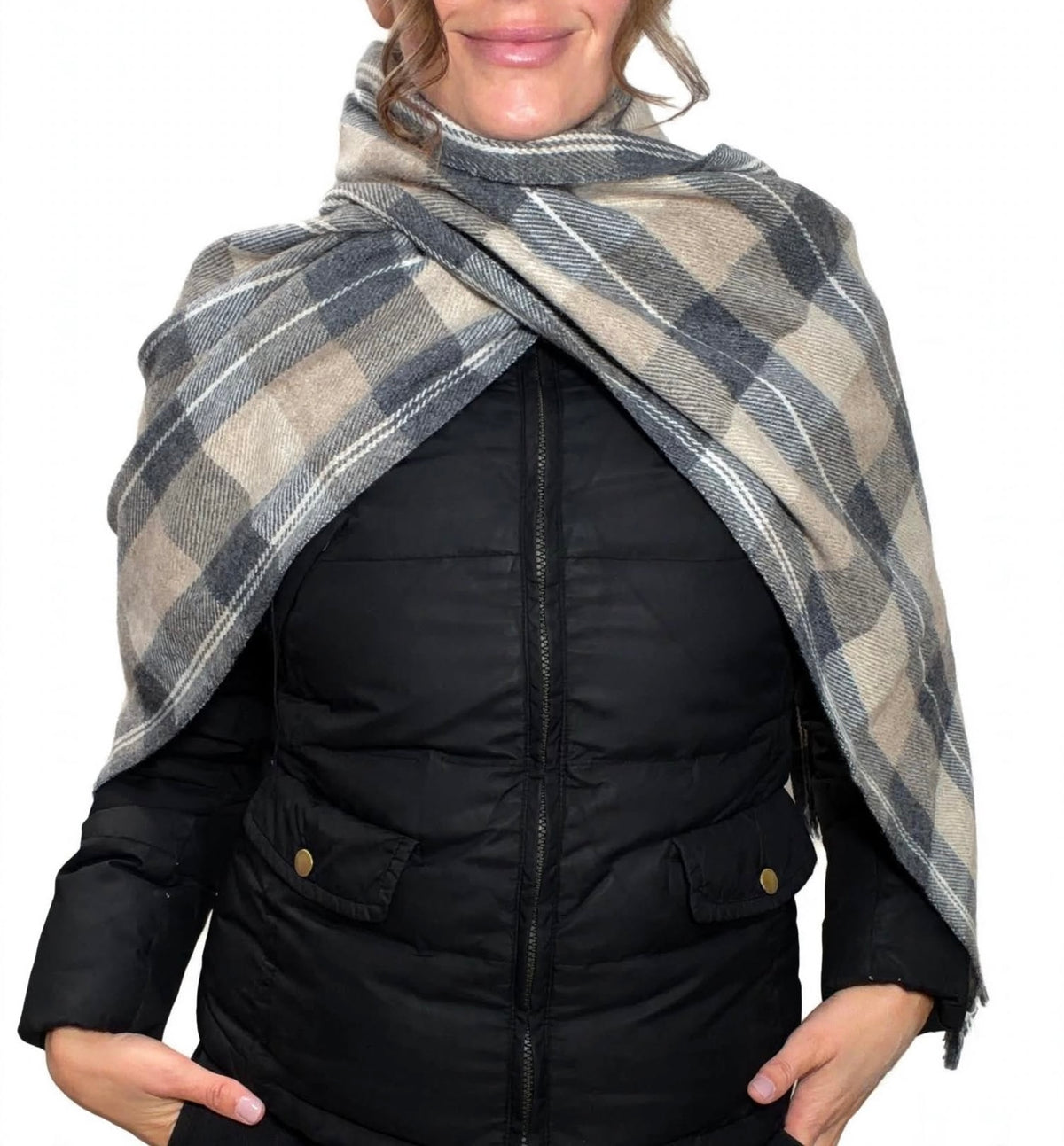 100% Cashmere Taupe and Grey Tartan Muffler