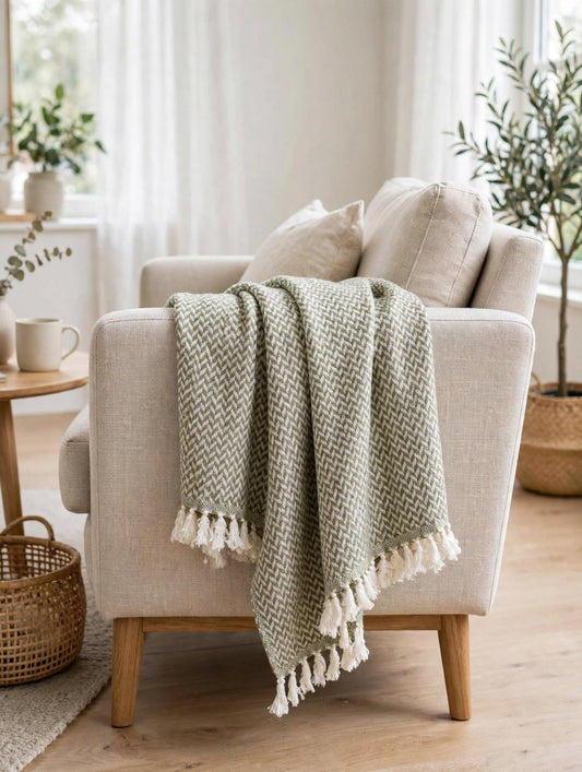 New! Taupe and Ivory Check Wool-Cashmere Blanket