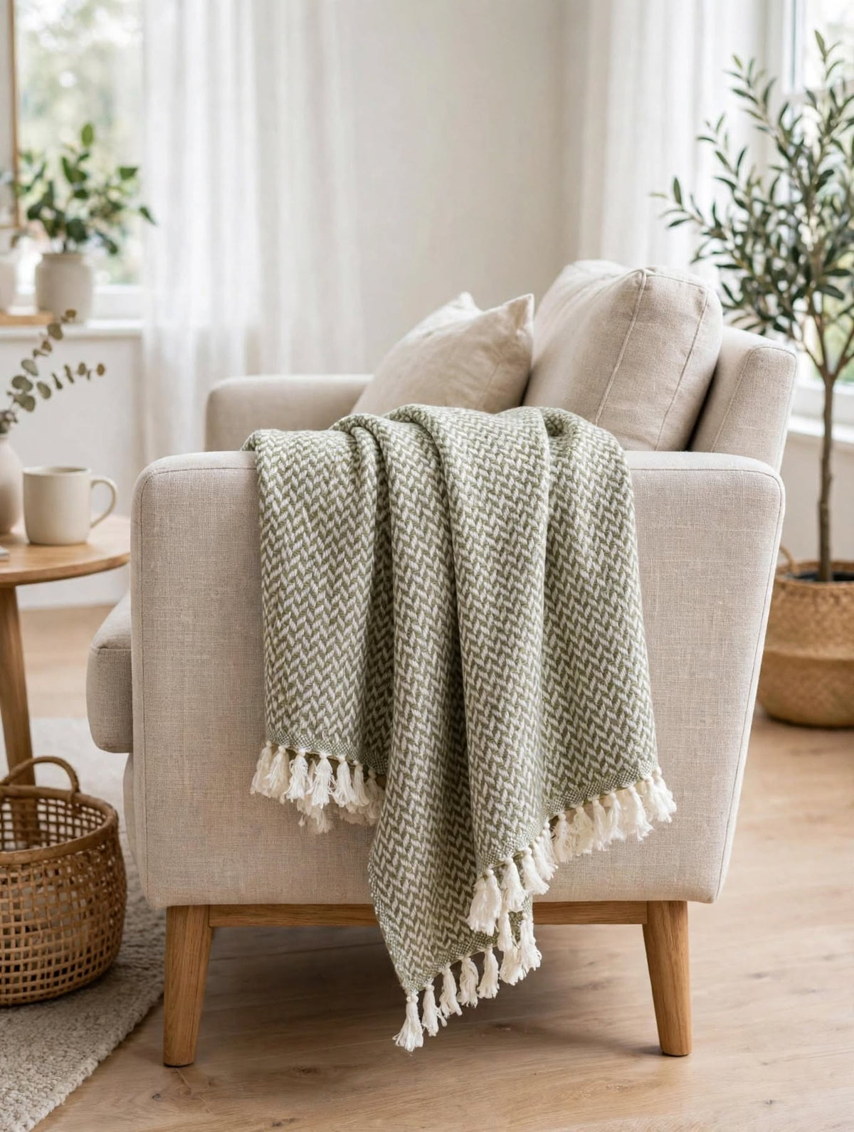 New! Light Grey and Cream Zig Zag Wool-Cashmere Blanket