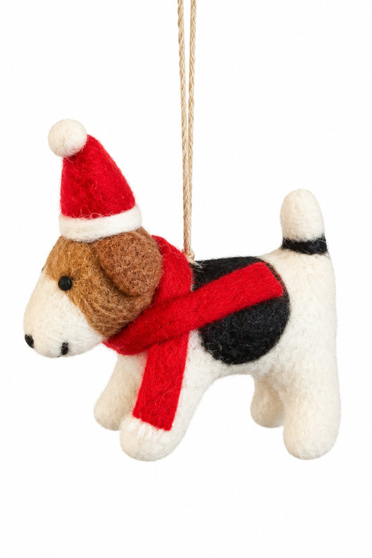 Dog with Red Holiday Hat Ornament