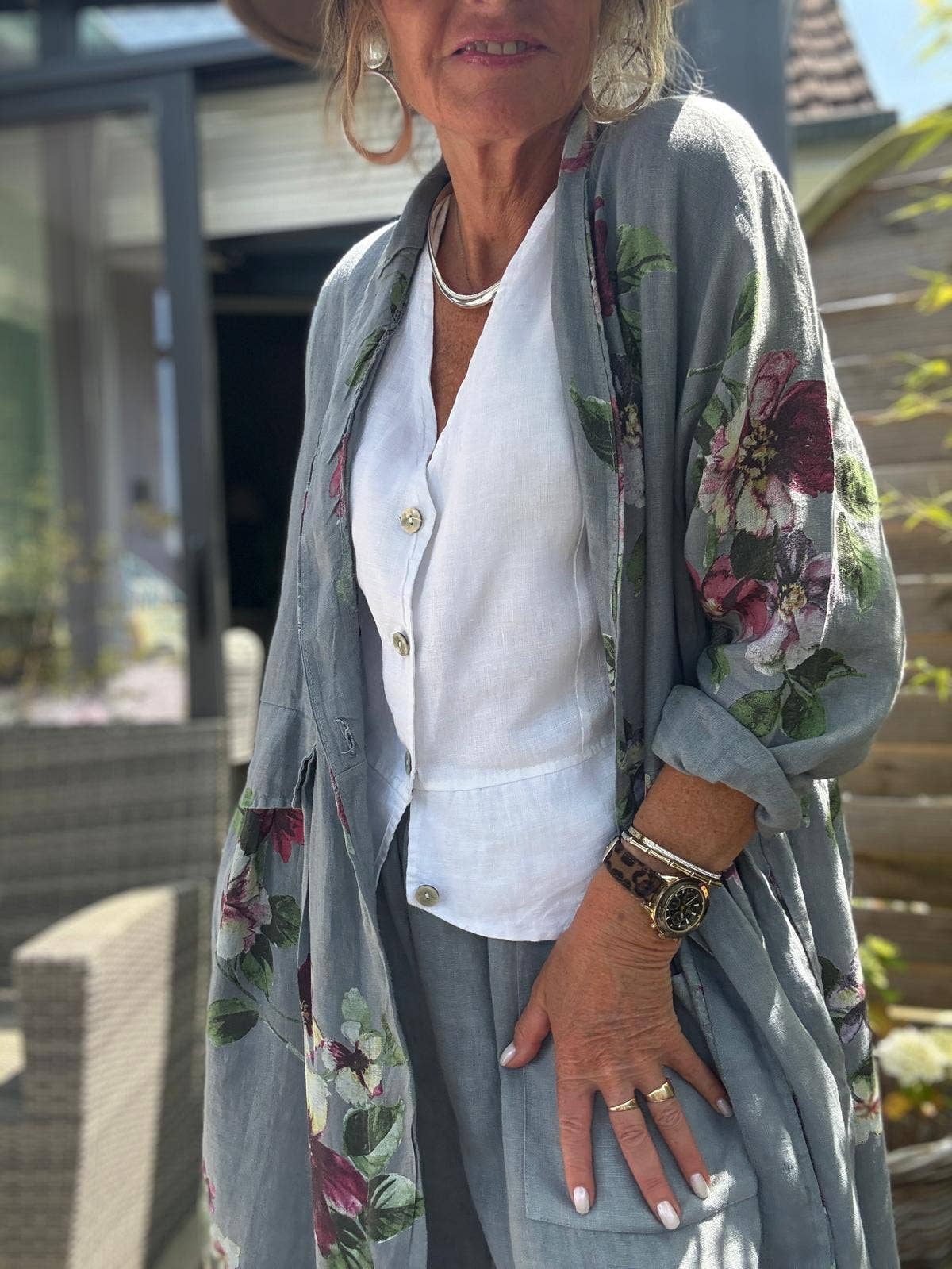 JACKET 1142 FLOWERS LINEN MATERIAL WITH POCKETS: Beige