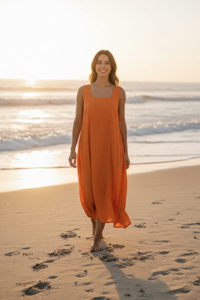 322 LINEN DRESS WITH VERTICAL STRIPES: GRANATA