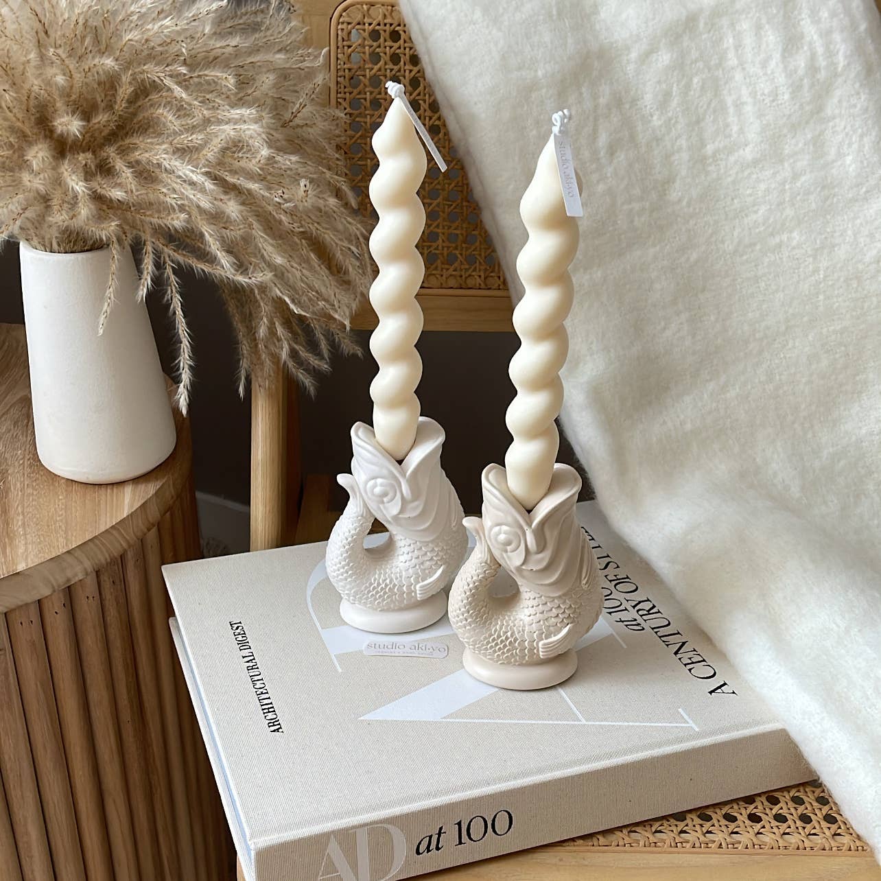 Koi Fish Taper Candle Holder | Minimalist Candlestick Holder: Cream White