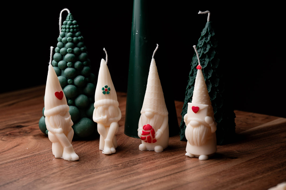Mini Mini Cute Gnome Candle Set of 4!  In a pure raw  silk gift bag