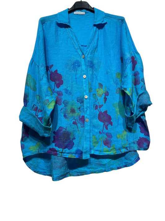 LINEN SHIRT FLOWER 48902 🌹 🌸: Dark Blue